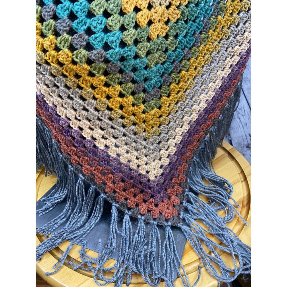 Handmade Crochet Hooded Shawl Wrap Multicolor Striped Fringe Boho Cardigan Gray - Picture 6 of 10